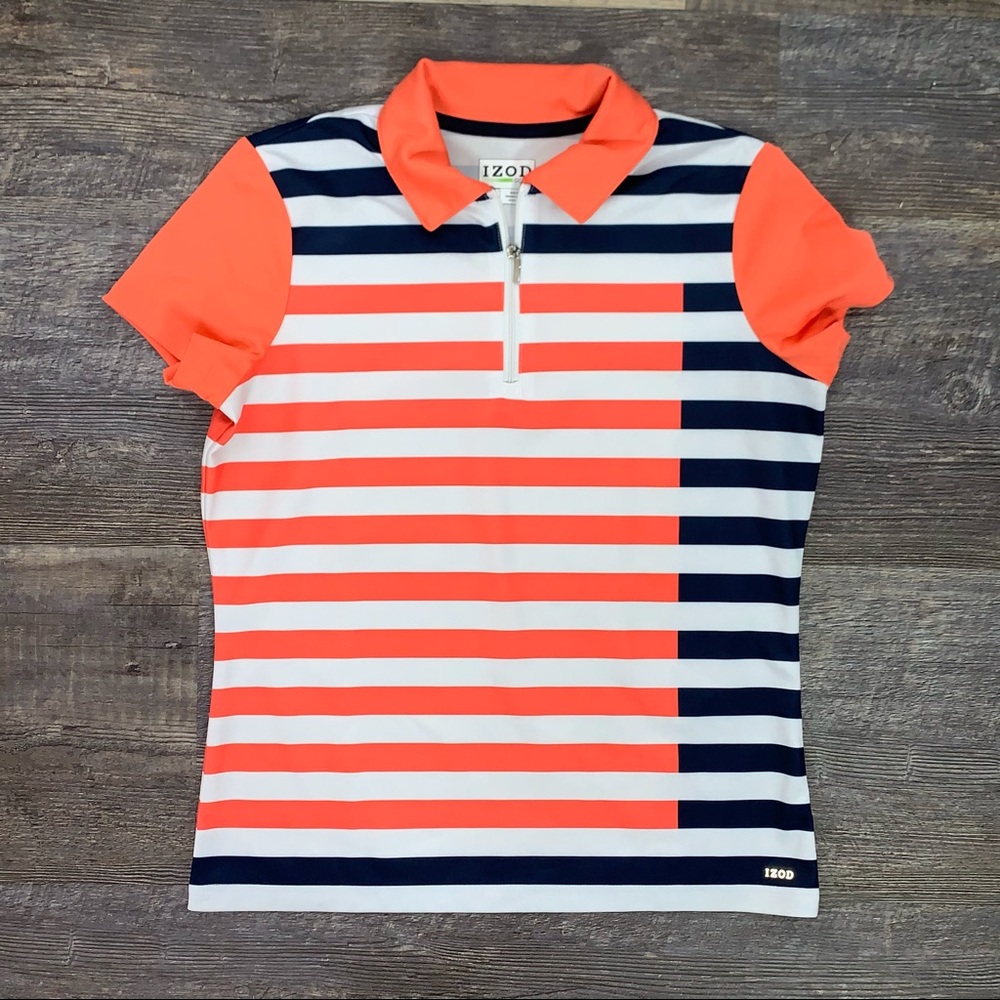 Izod blue orange striped golf tennis polo shirt